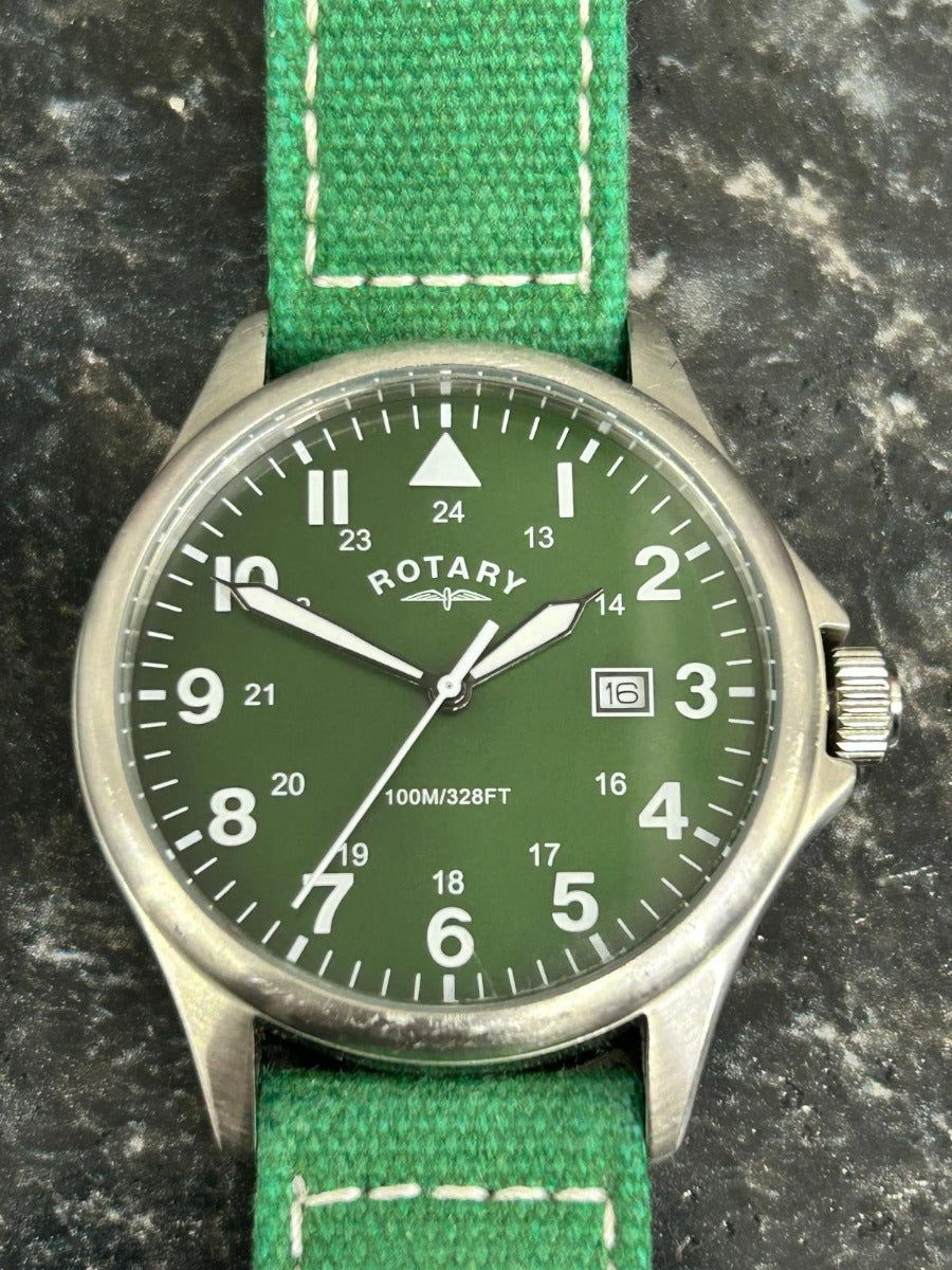 Rotary Mens Pilot Watch with Green Dial and Green Canvas Strap GS00473/56