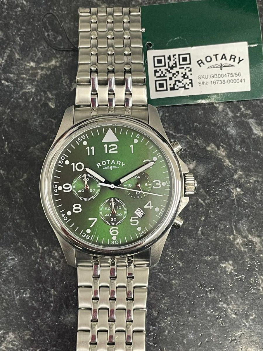 Rotary Mens Chronograph Watch with Green Dial and Stainless Bracelet GB00475/56