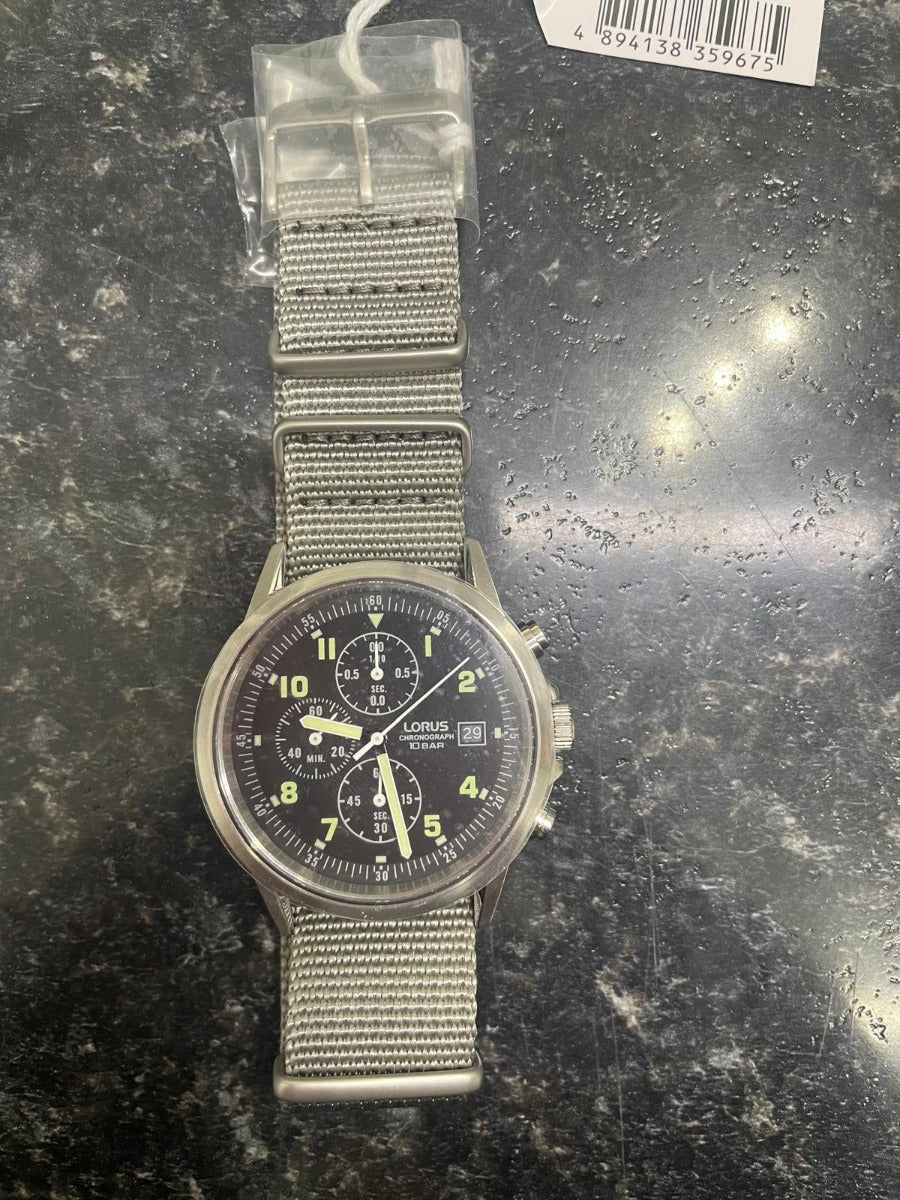 Lorus Men's Chronograph Watch with Black Dial and Grey Nylon Strap RM347JX9