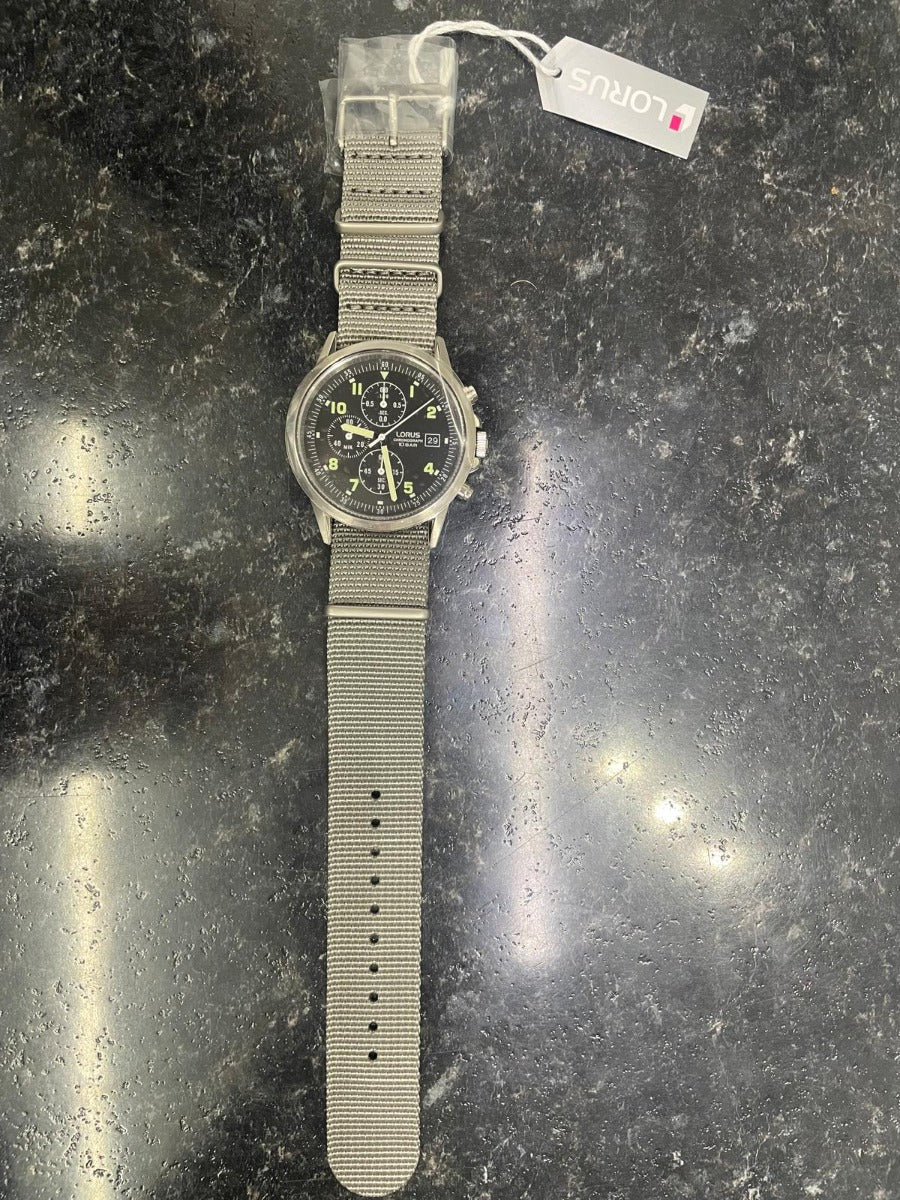 Lorus Men's Chronograph Watch with Black Dial and Grey Nylon Strap RM347JX9