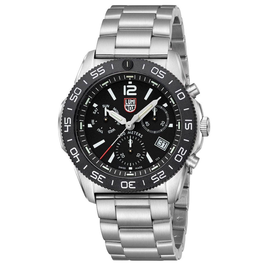 Oriawr Chronograff Dynion Luminox Pacific Diver gyda Deial Du a Strap Arian XS.3142
