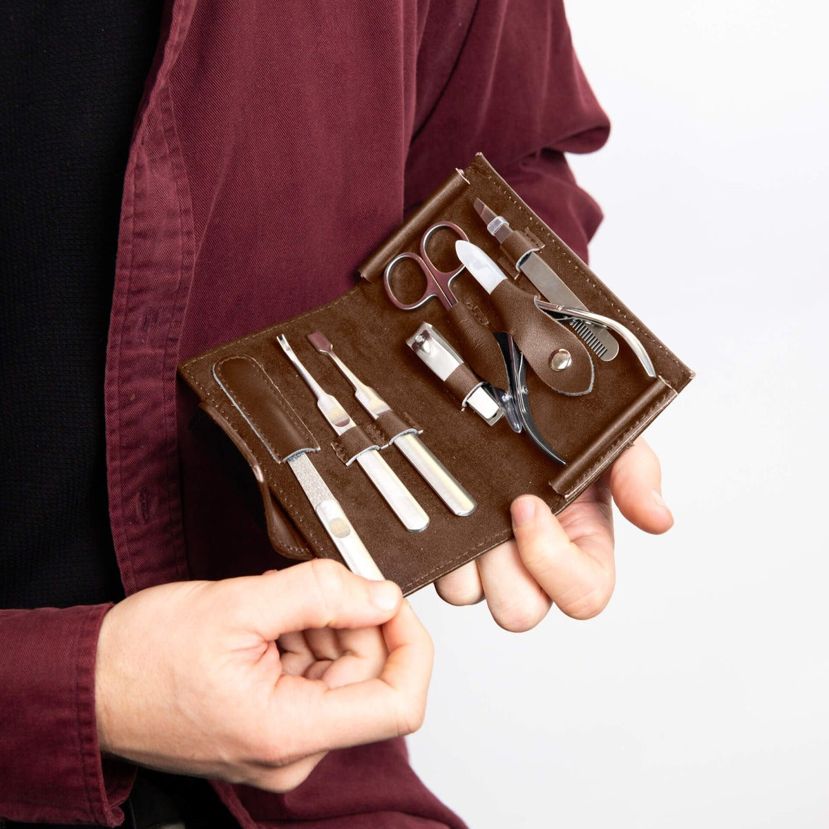 Fred Bennett Brown Leather and Stainless Steel Travel Manicure Set Y442