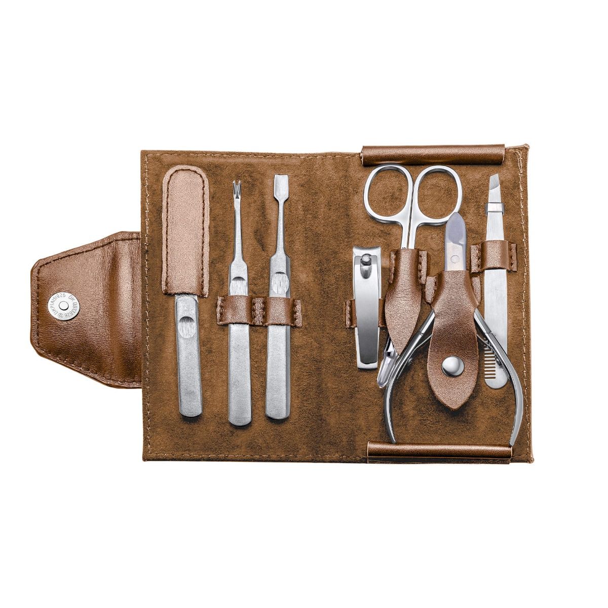 Fred Bennett Brown Leather and Stainless Steel Travel Manicure Set Y442